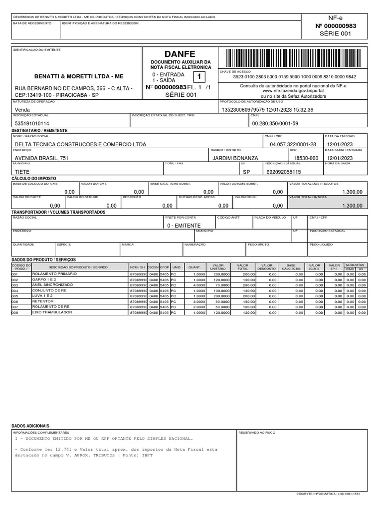 Nota fiscal de entrada de peças e componentes para manutenção de ...
