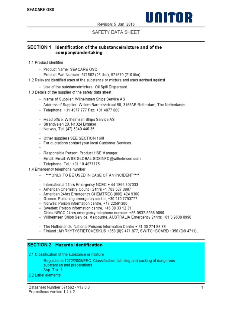 2 Unitor Seacare OSD MSDS PDF Dangerous Goods Personal Protective