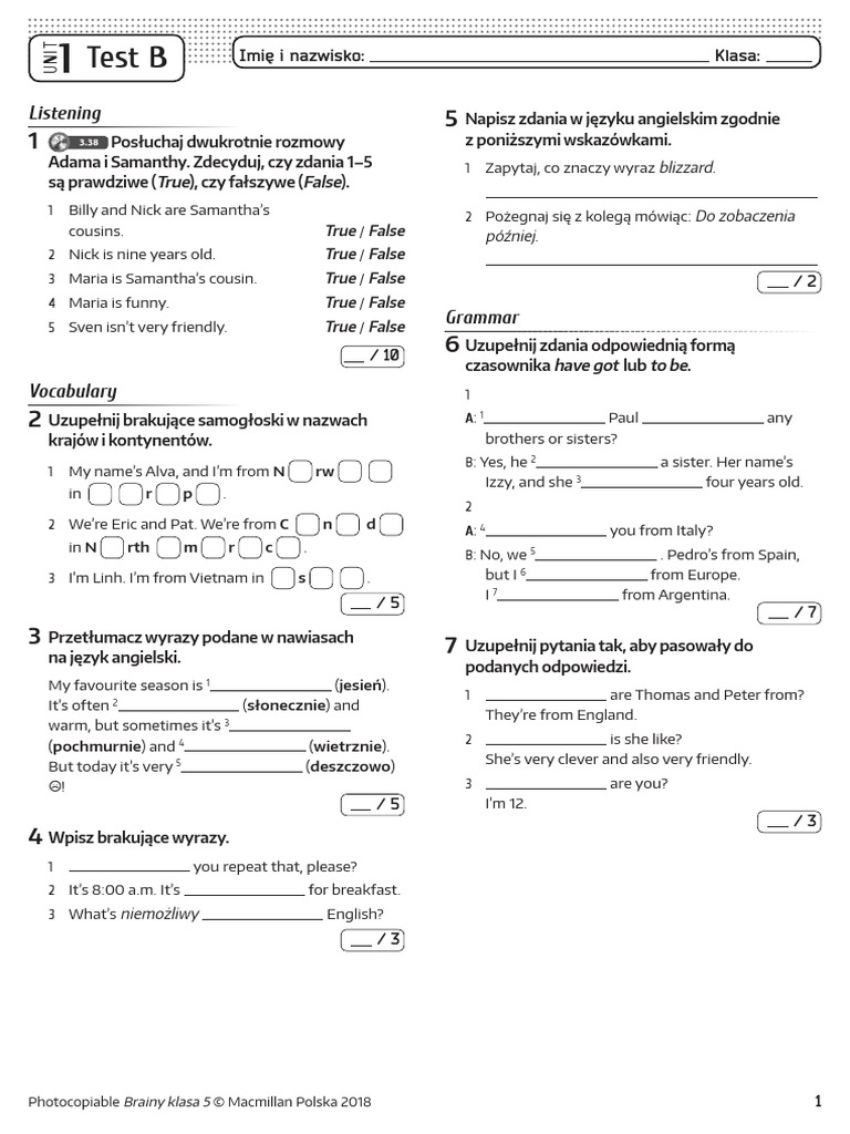Brainy Kl5 Unit Test 1 B | PDF
