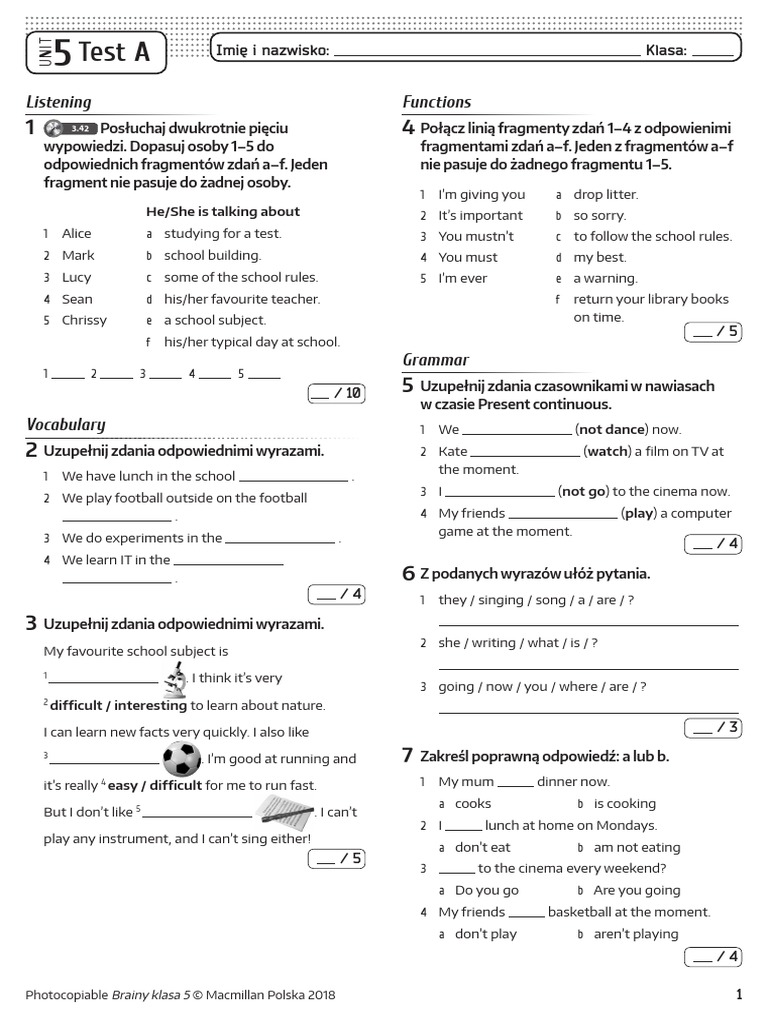 Brainy Klasa 5 Testy Pdf Unit 5