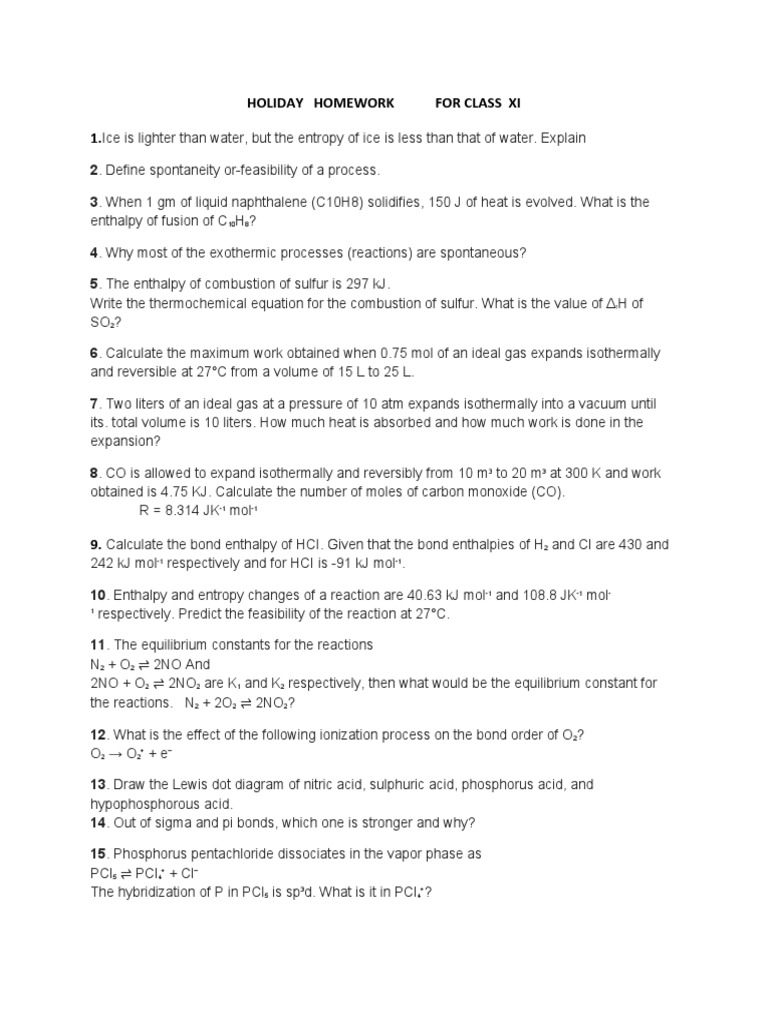 holiday homework for class 11 chemistry