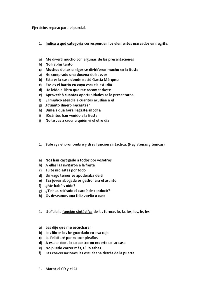 Ejercicios de repaso para el parcial de lengua | PDF