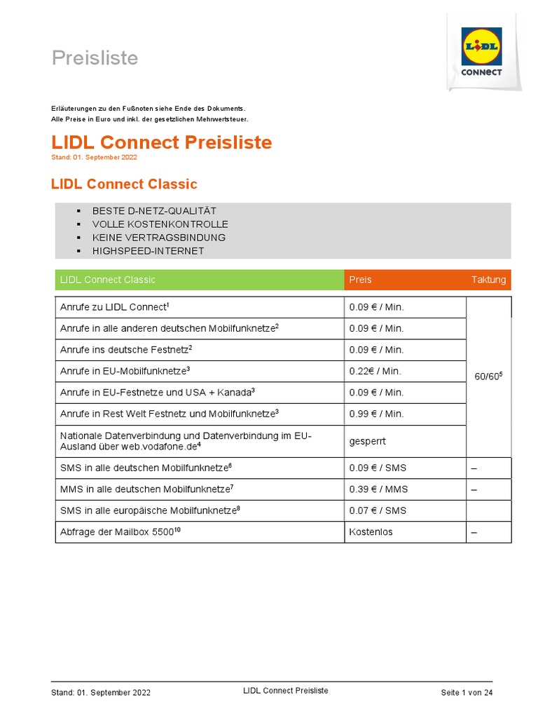 LIDL Connect Preisliste PDF