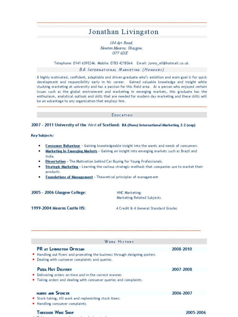 Jonathan Livingston CV | PDF | Marketing | Business