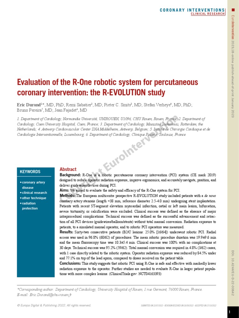Evaluation of The R One Robotic System For Percutaneous Coronary ...