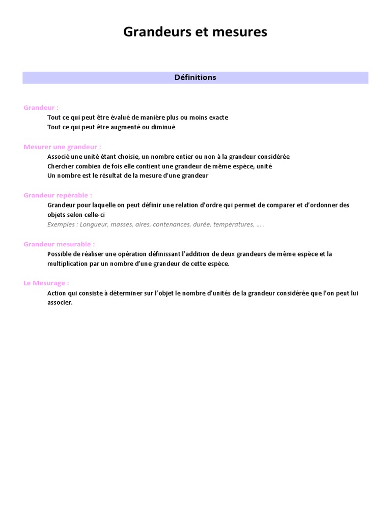 Grandeurs et Mesures en Mathématiques | PDF