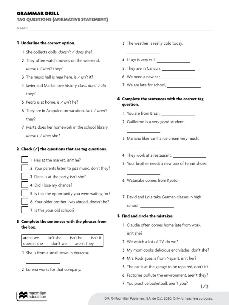 Grammar Drill 27 Tag Questions Afirmative Statement PDF