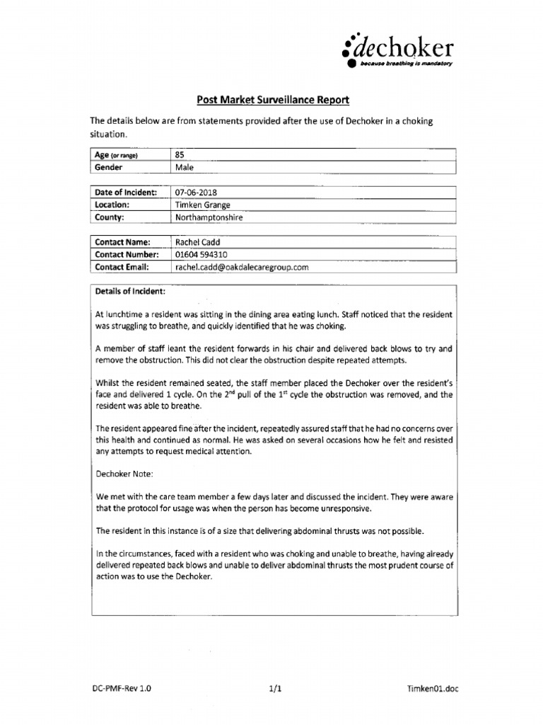 Dechoker Post Market Surveillance Report Five Alleged UK Care Home