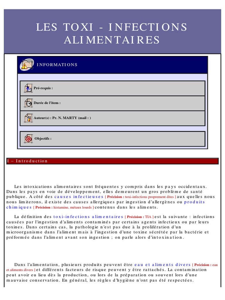 Les Toxi Infections Alimentaires PDF Sciences Et Math matiques 