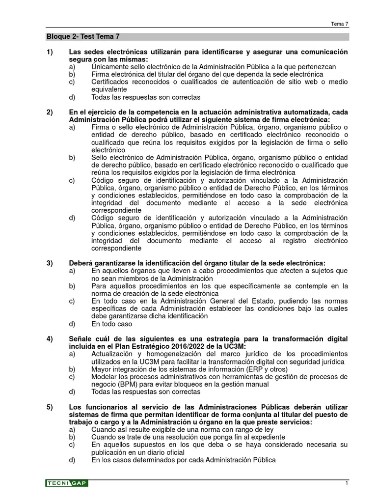 BLOQUE 2 Test Tema 7 | PDF | Administración Pública | Ley Pública