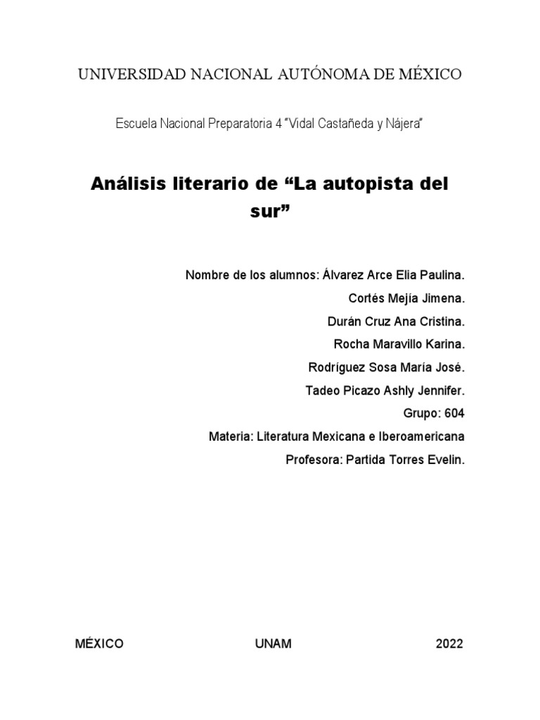 Analisis Literario de La Autopista Del Sur 1 PDF