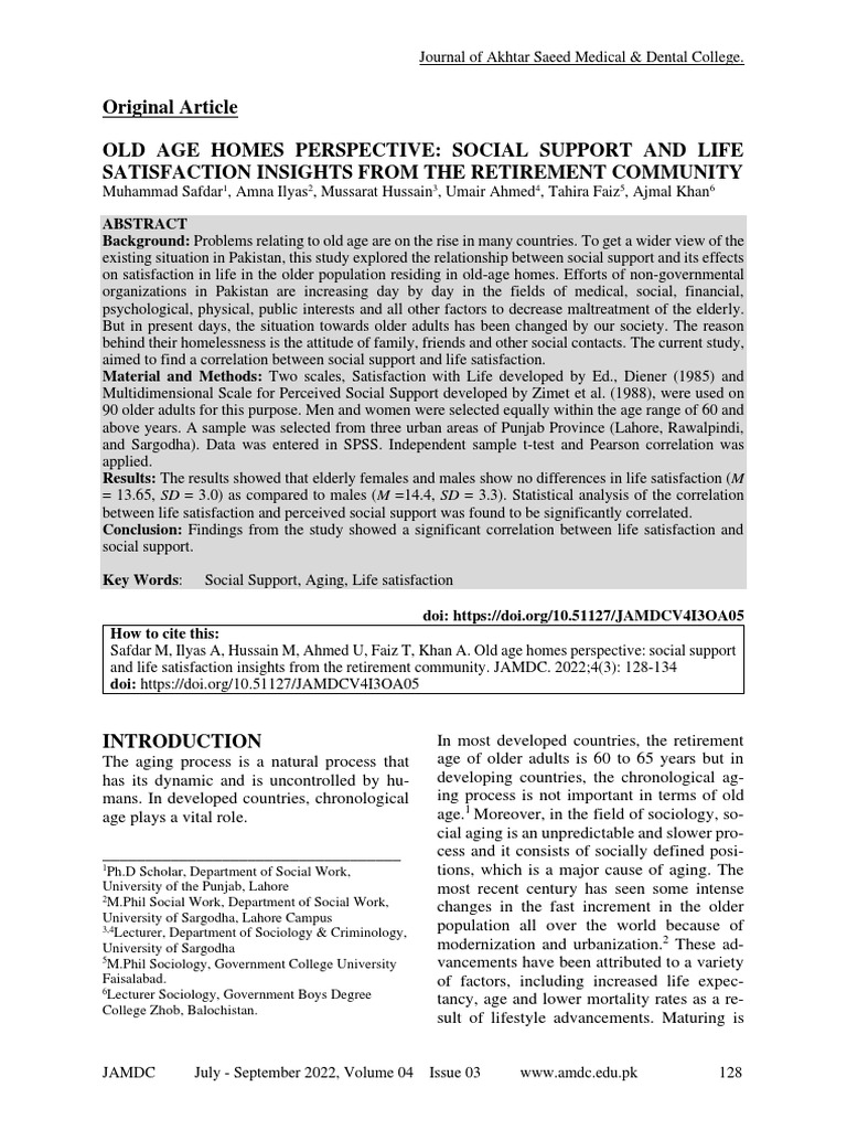 Old Age Homes Perspective Social Support and Life Satisfaction Insights
