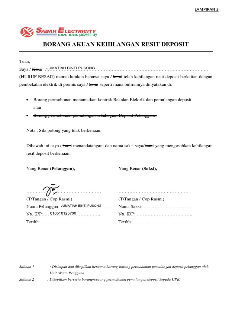 Borang Akuan Kehilangan Resit Deposit | PDF