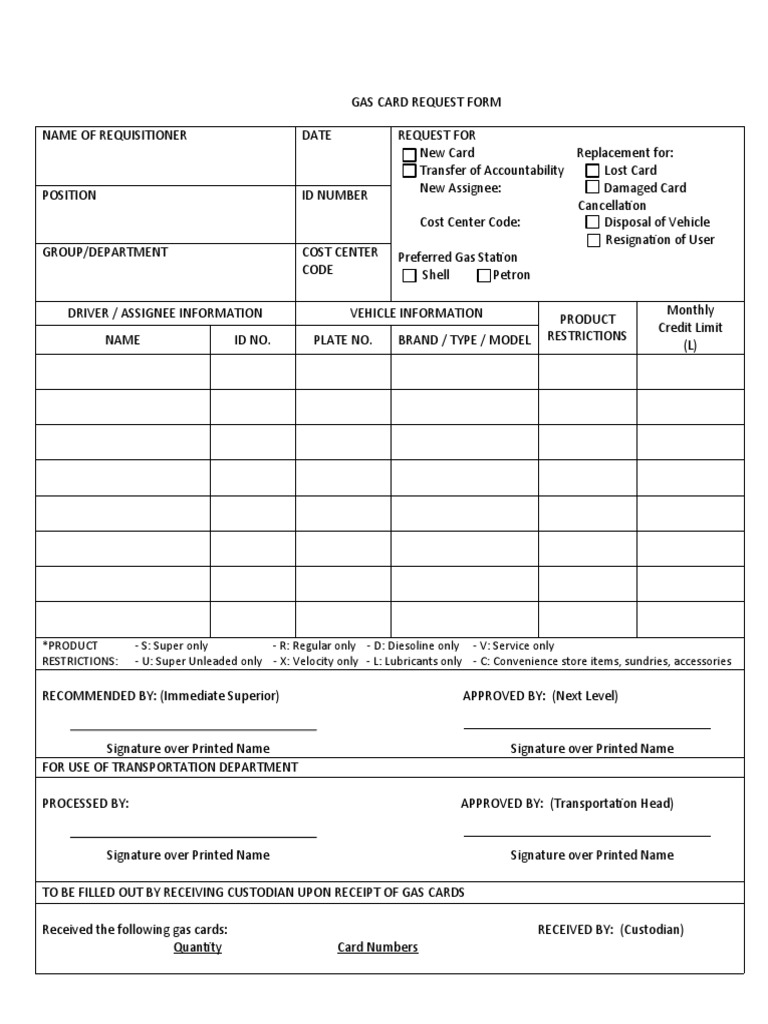 Gas Card Form Request Sample PDF