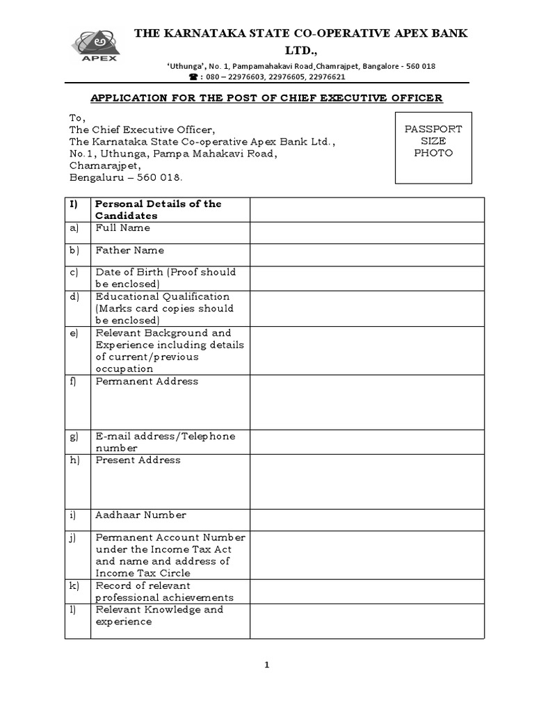 CEO Application for Karnataka Apex Bank | PDF | Government Finances ...
