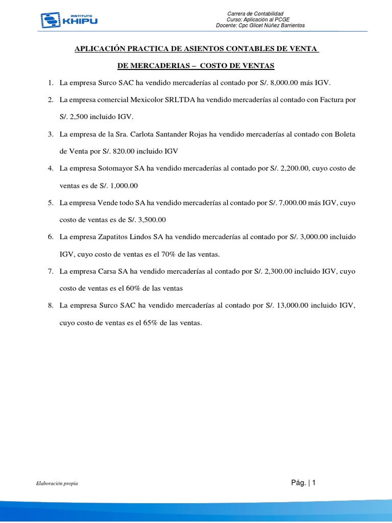 Aplicación Práctica De Asientos Contables De Ventas De Mercaderías Pdf