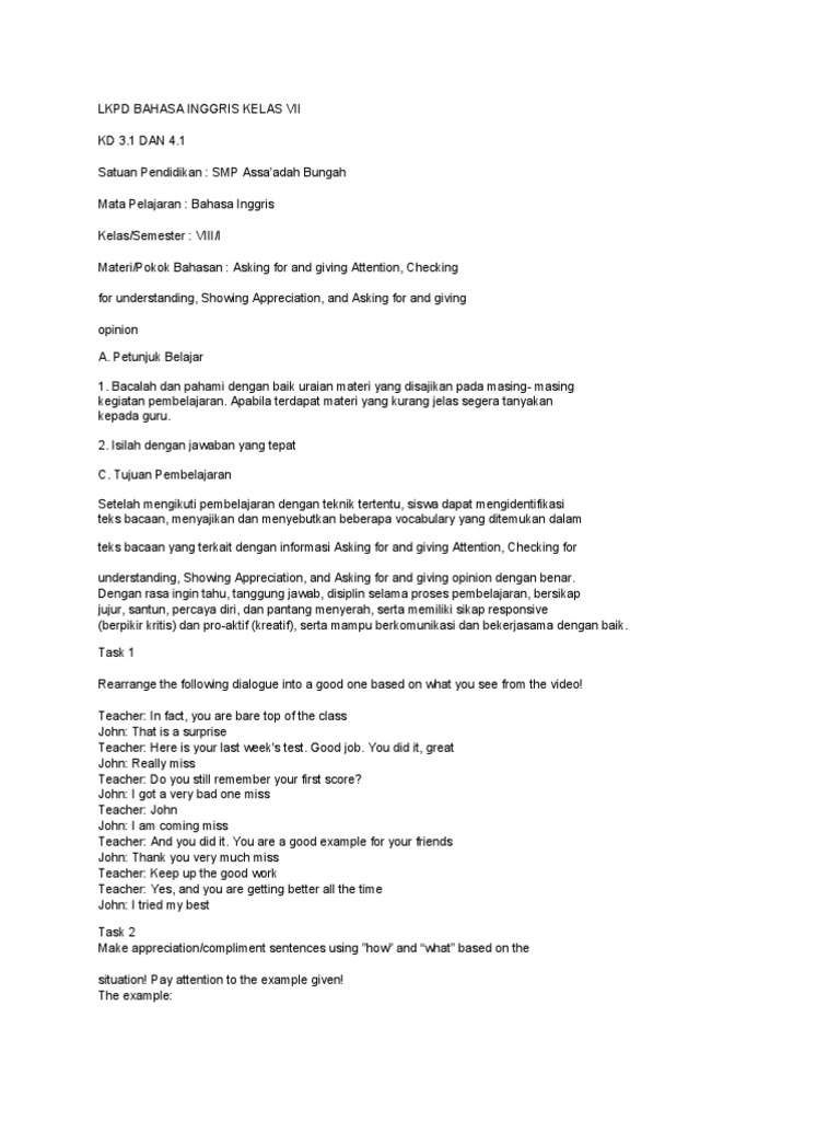 LKPD Bahasa Inggris Kelas Vii | PDF | Career & Growth | Language Arts ...