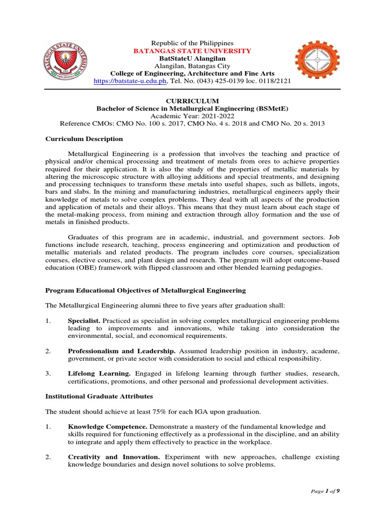 Bachelor Of Science In Metallurgical Engineering Bsmete Pdf