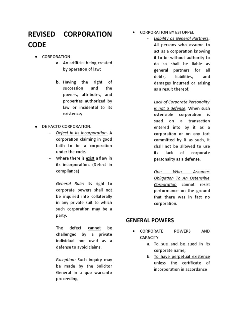Revised Corporation Code Download Free PDF Corporations Legal