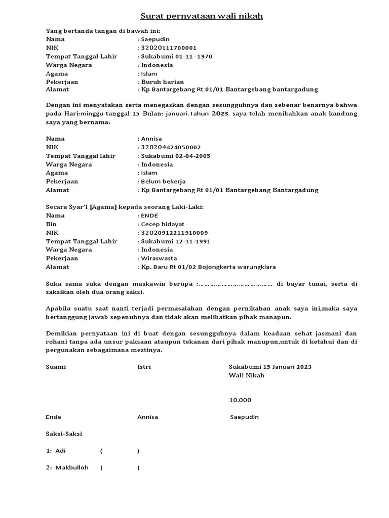 Contoh Surat Pernyataan Wali Nikah | PDF