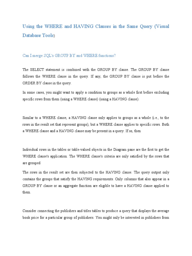 Using the where and having clauses in the same query pdf