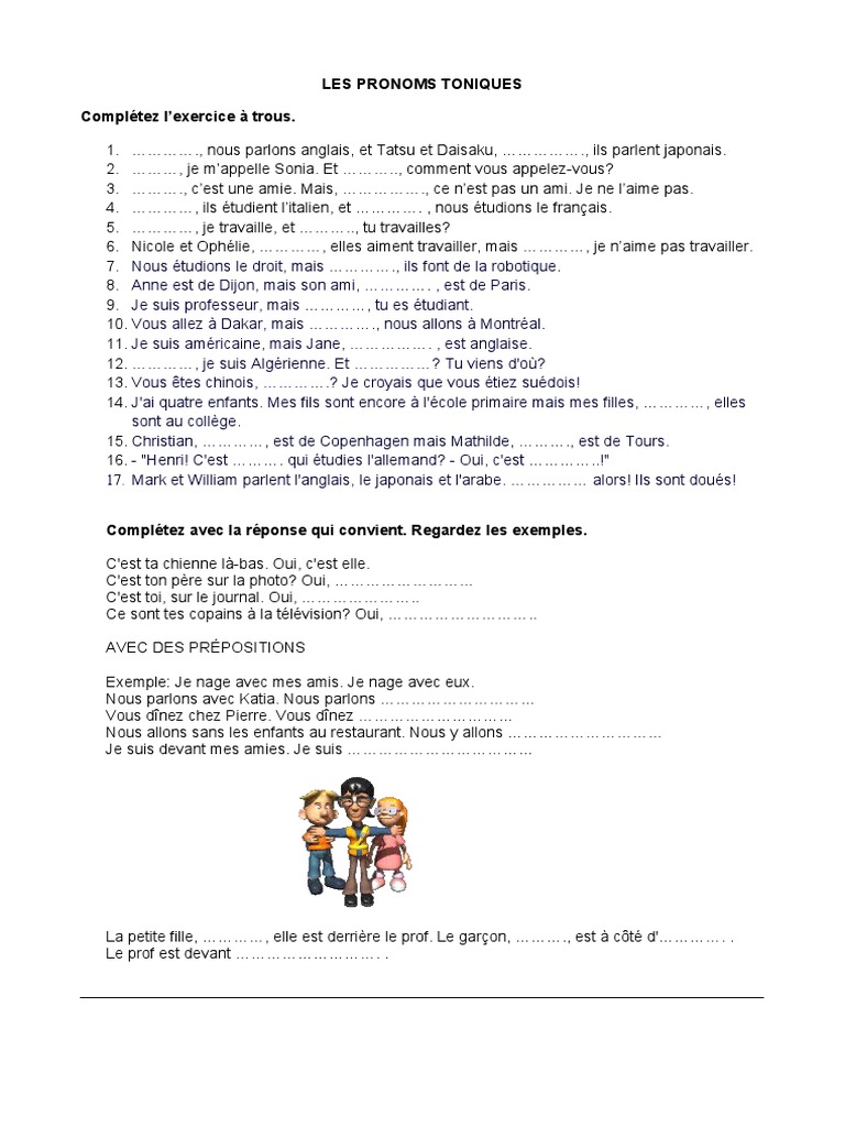 Exercices sur les pronoms toniques | PDF | Arts du langage et ...