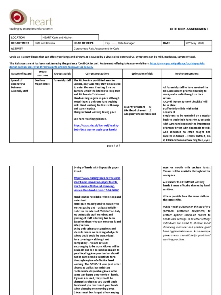 Cafe Risk Assessment Coronavirus PDF Hygiene Hand Washing