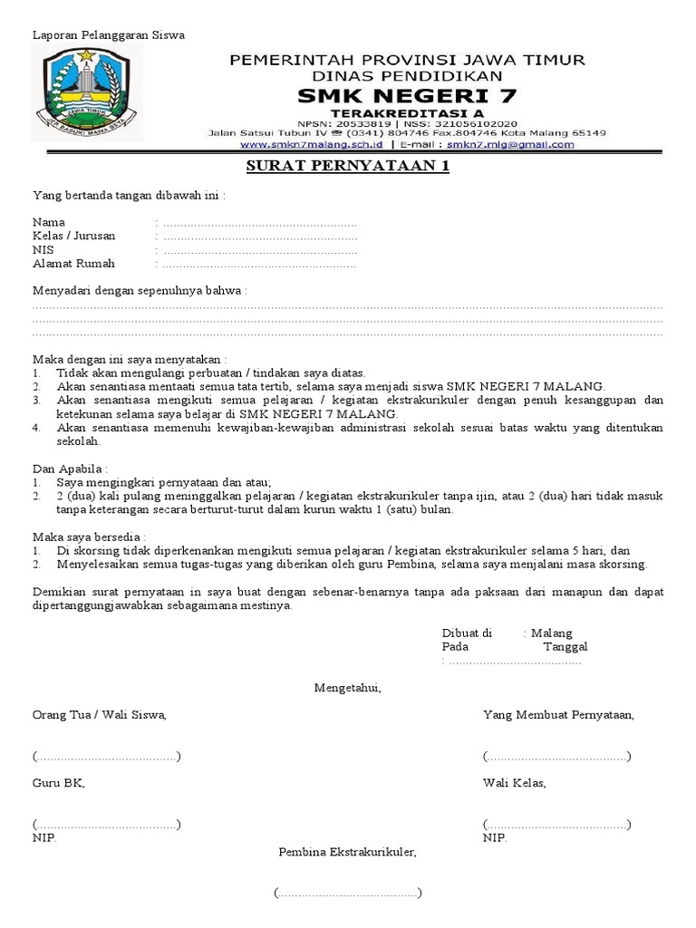 Surat Pernyataan Siswa | PDF