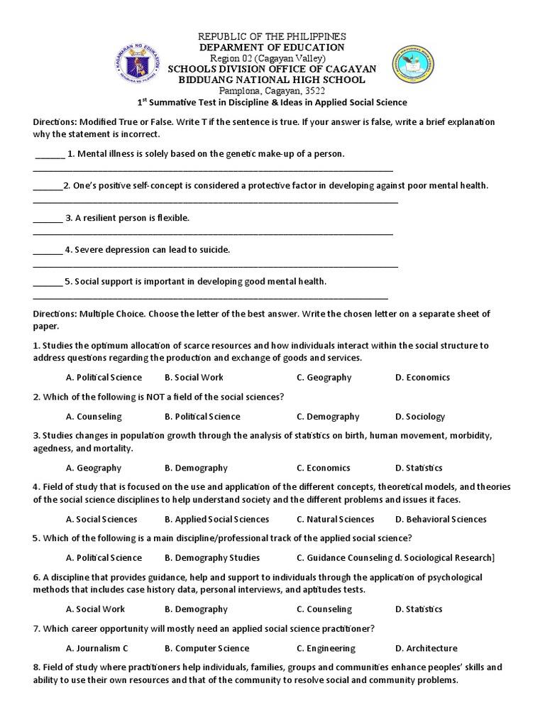 1st Summative Test in Discipline & Ideas in Applied Social Science | PDF