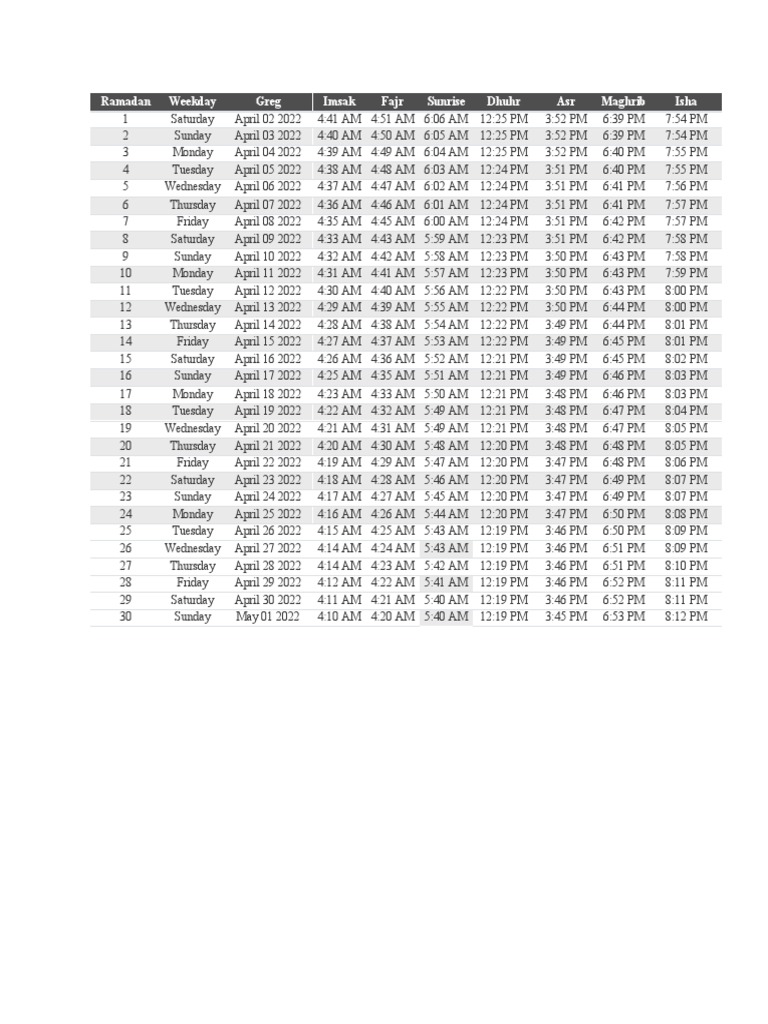 Ramadan Time Table For 2022 PDF Workweek And Weekend