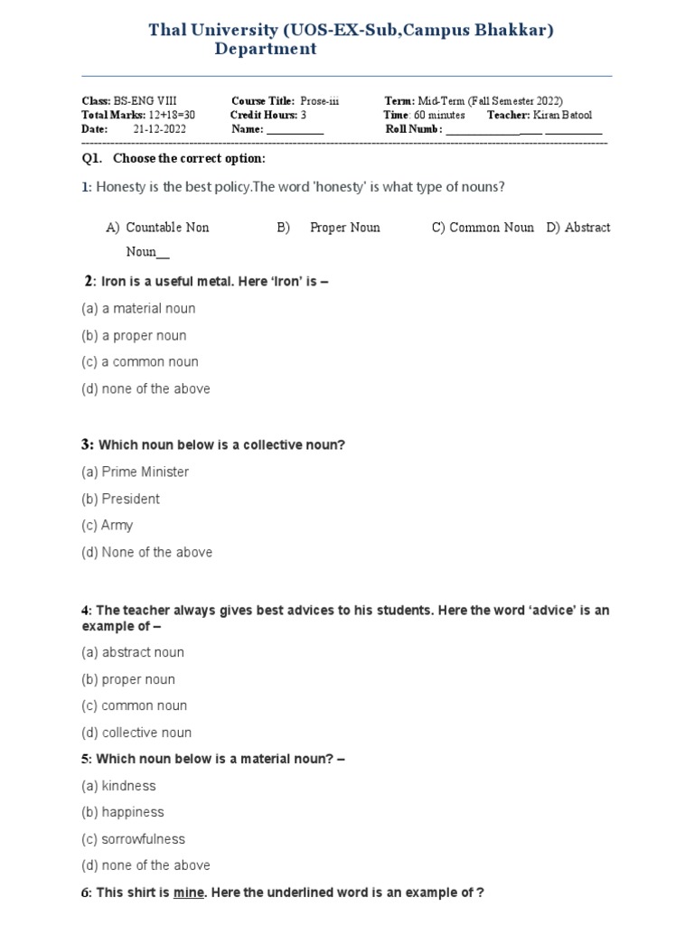 Types of Nouns and Pronouns An Examination of Parts of Speech in an