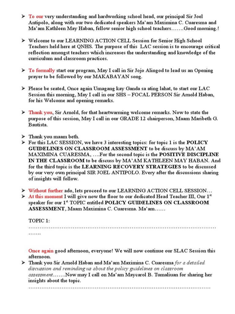 SHS Lac Session Script | PDF | Communication | Teaching