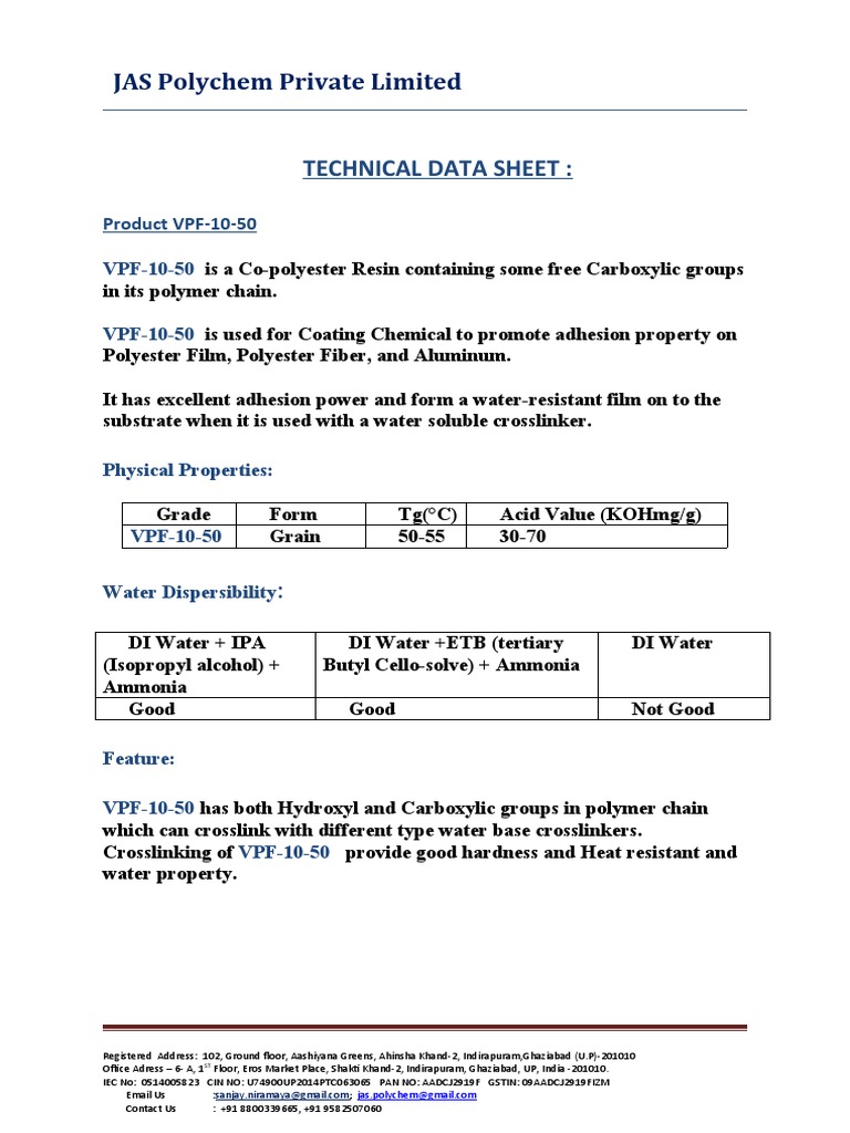 VPF-10-50 Co-polyester Resin Data Sheet | PDF | Science & Mathematics ...