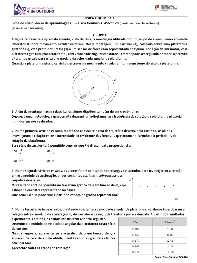 Exercícios de Exame Nacional - Física - Mecânica (Movimento Circular ...
