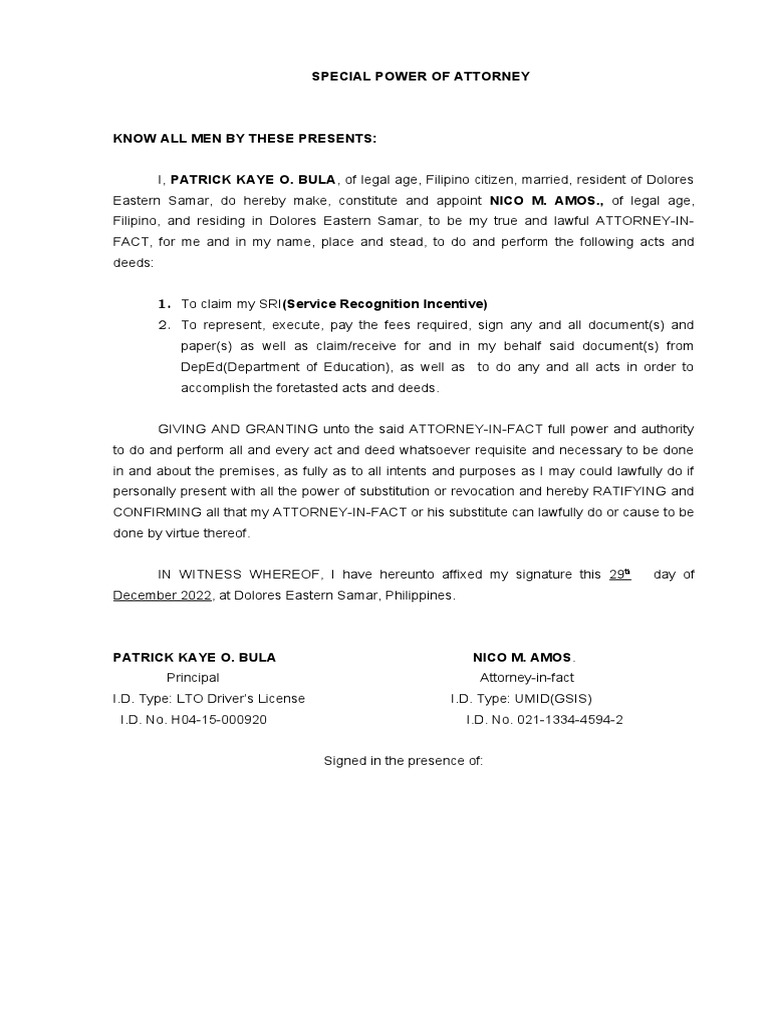 Special Power of Attorney Word Format Download PDF