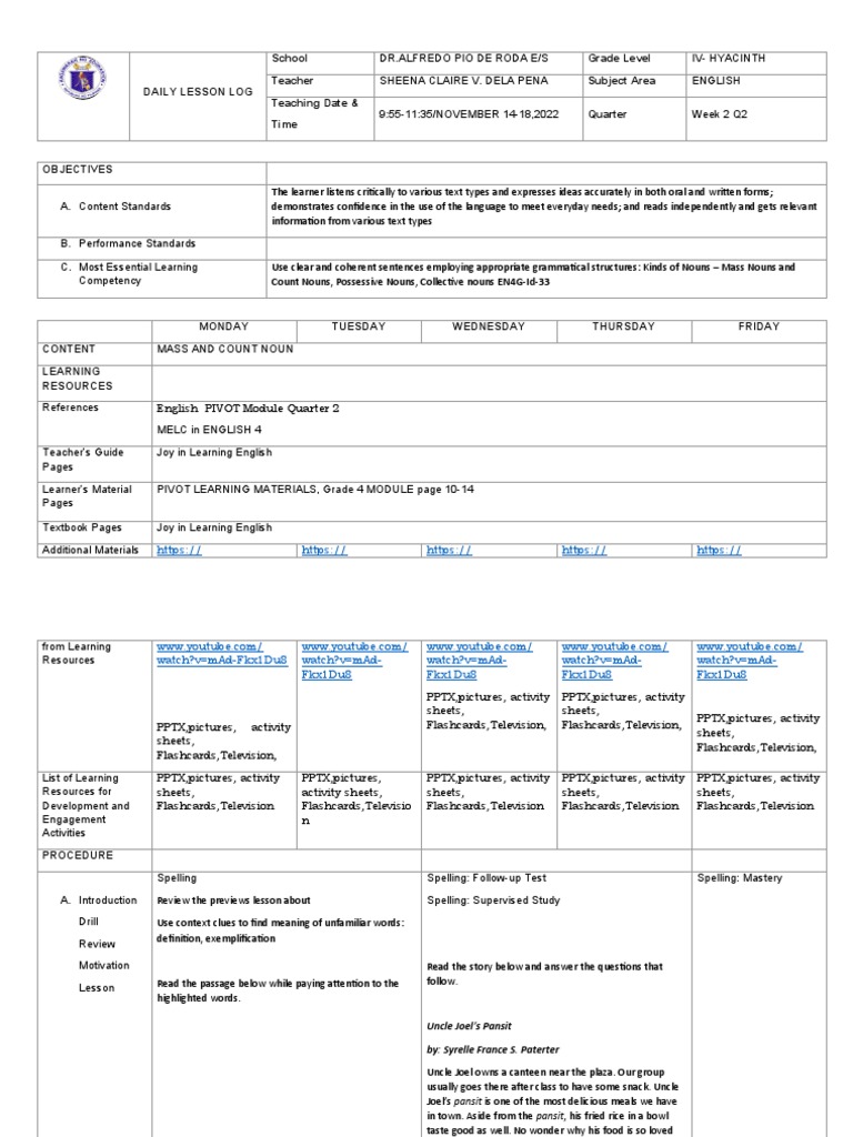 Grade 4 - English - Week 2 q2 | PDF | Noun | Linguistics
