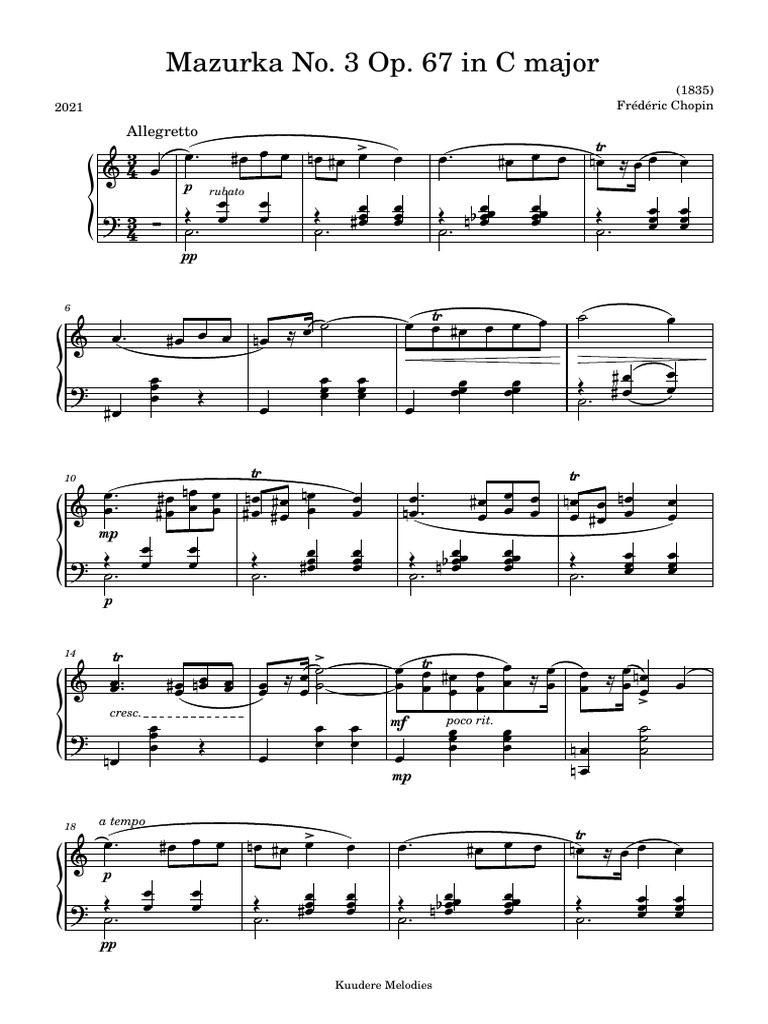 Frdric Chopin Mazurka No 3 Op 67 In C Major Pdf Compositions