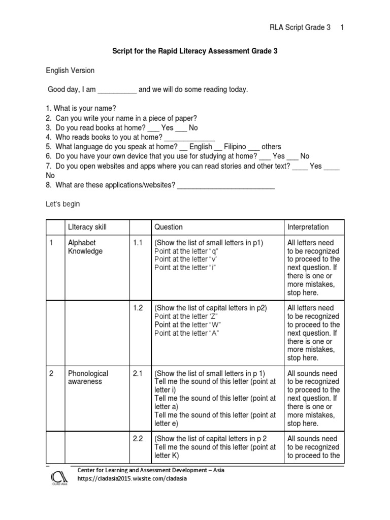 Grade 3 Rapid Literacy Assessment Script | PDF