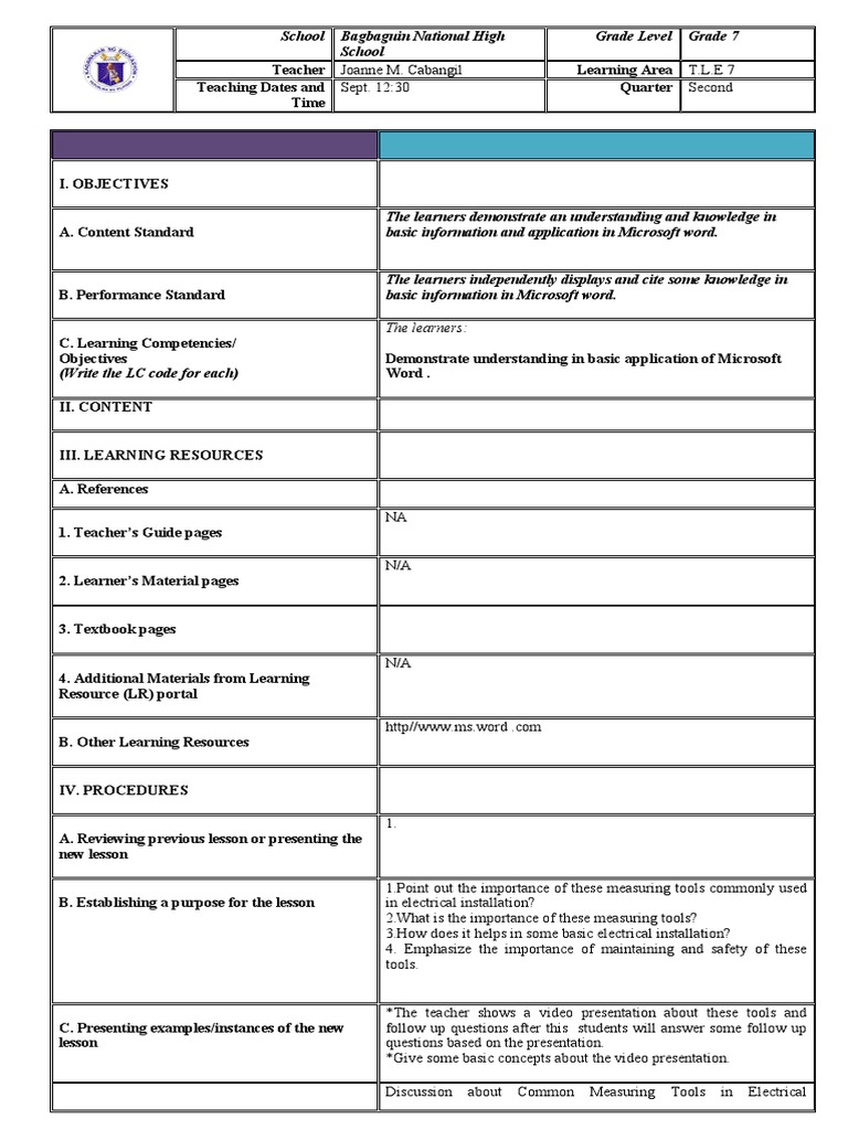 Microsoft Word Basics for Grade 7 TLE | PDF | Learning | Teaching Method