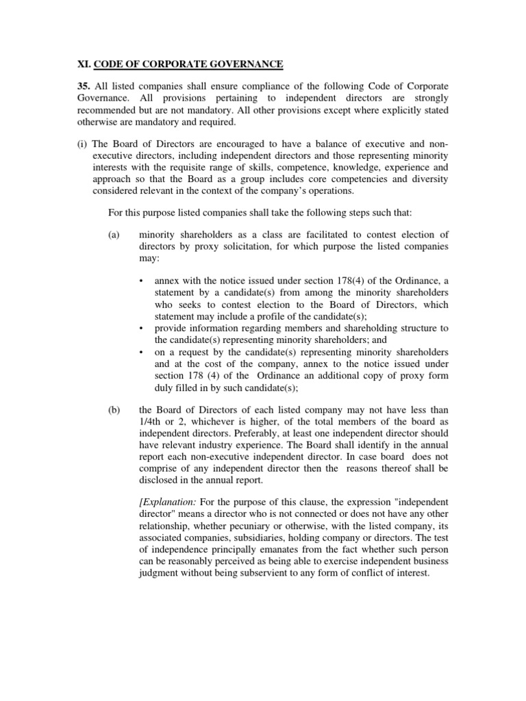 Xi. Code of Corporate Governance 35. All Listed Companies Shall Ensure ...