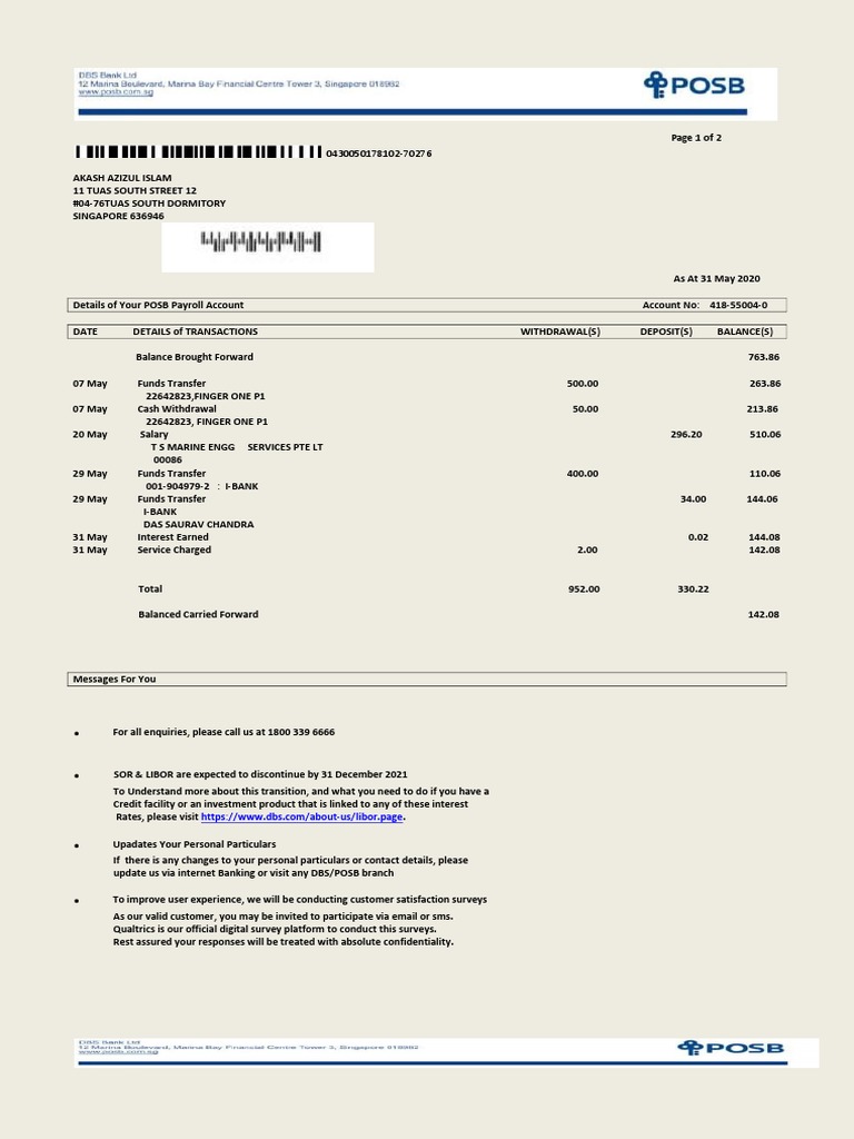 POSB Payroll Account Statement Summary | PDF | Financial Services | Banking
