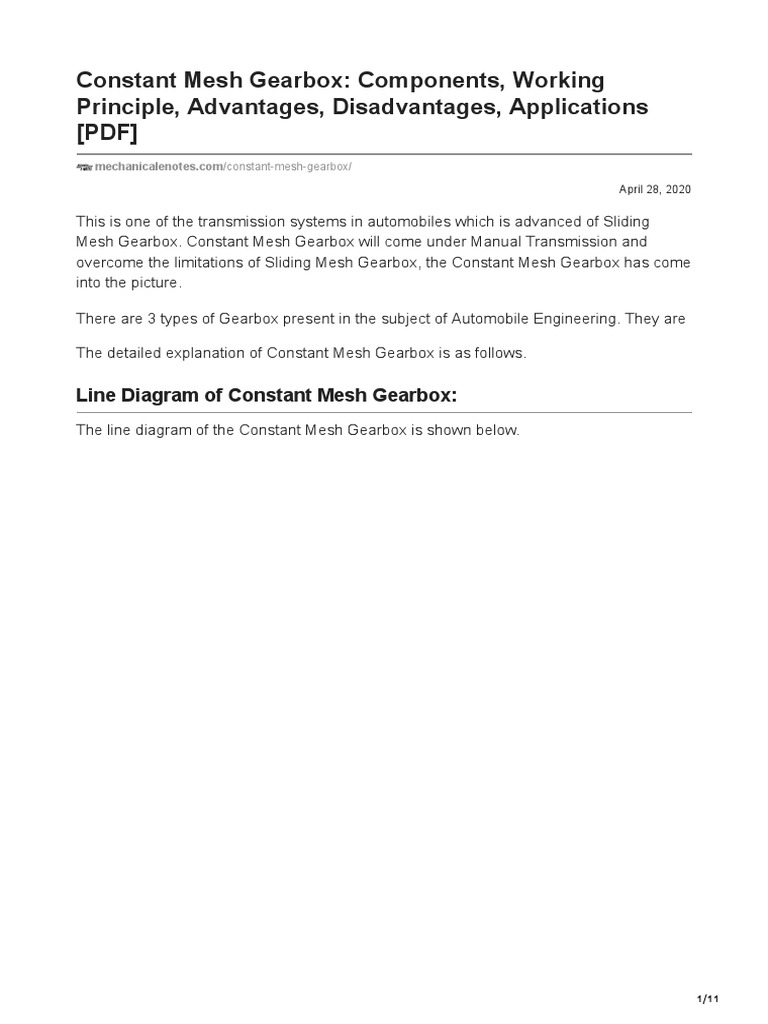 Constant Mesh Gearbox Components Working Principle Advantages