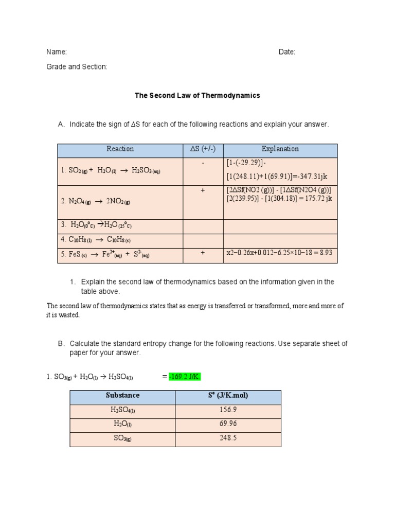 Second Law of Thermodynamics Worksheet | PDF | Science & Mathematics