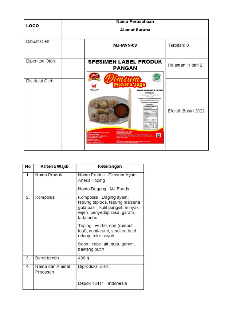 MAN-09 Spesimen Label Produk Pangan | PDF