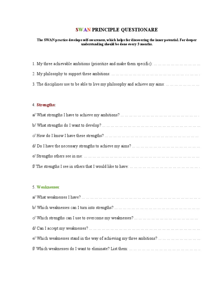 SWAN Self-Awareness Questionnaire | PDF | Psychology