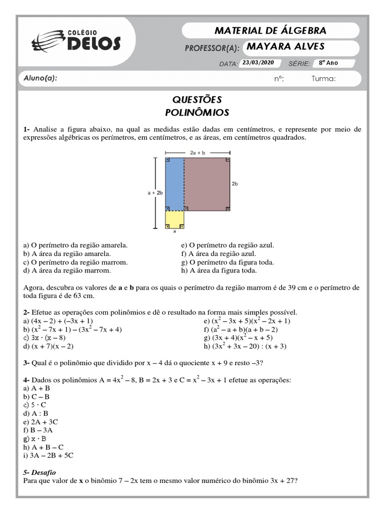 Exercícios de Polinômios - 8º Ano | PDF | Equações | Matemática