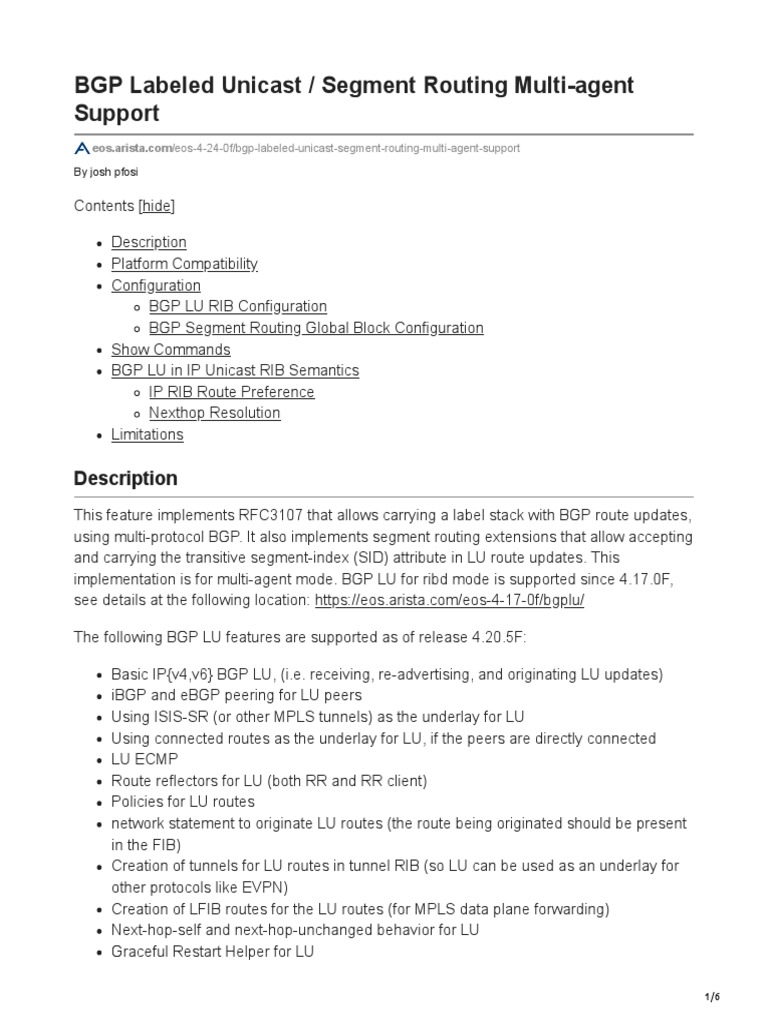 BGP Labeled Unicast Segment Routing MultiAgent Support PDF Ip