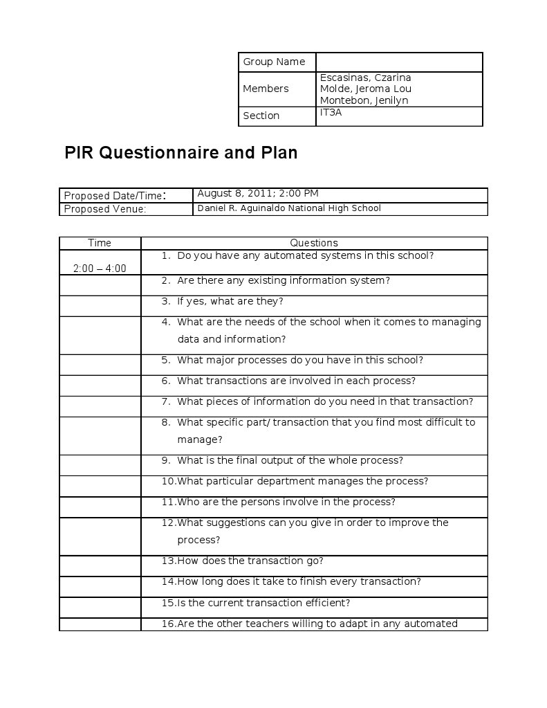 PIR Questionnaire for IT Systems Analysis | PDF | Career & Growth