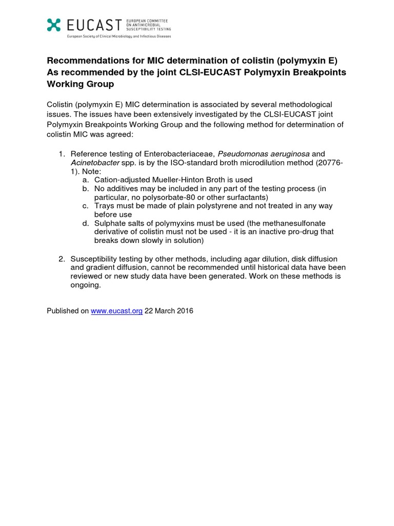 Recommendations For MIC Determination of Colistin March 2016 | PDF