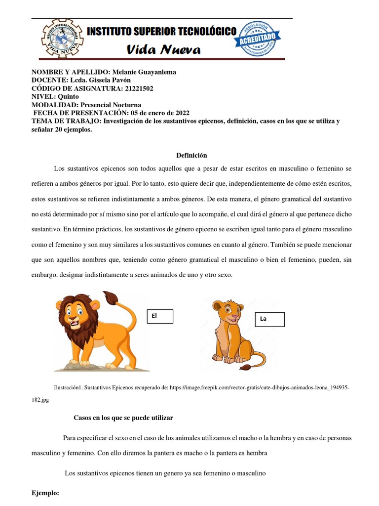 Ejemplos de Sustantivos Epicenos | PDF | Género gramatical | Sustantivo